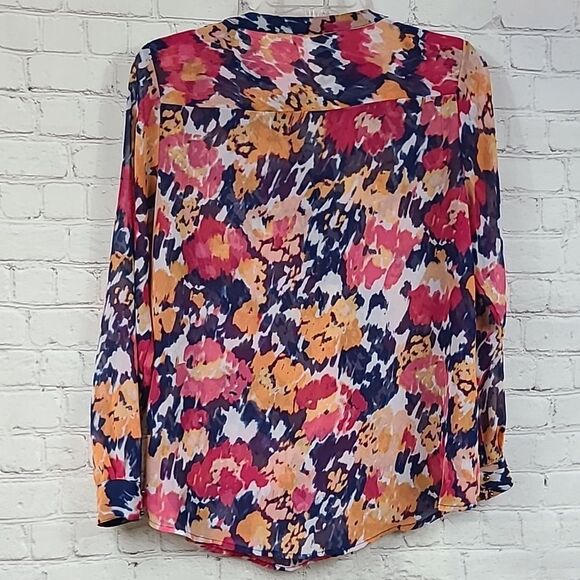 Liz Claiborne Petites Colorful Top Watercolor Chiffon Split Neck Henley Blouse - Picture 9 of 9